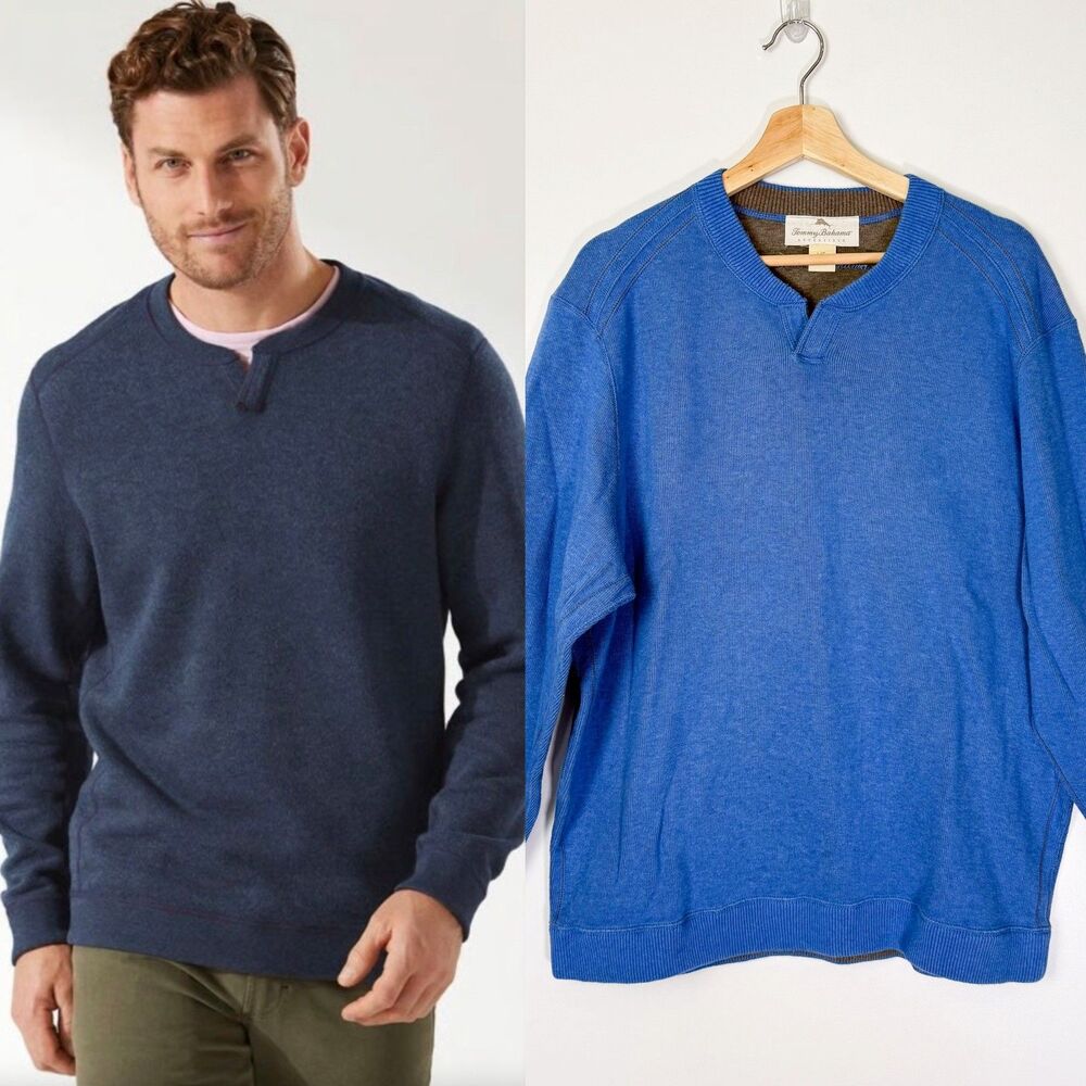 Tommy Bahama Mens Reversible Long Sleeve Sweater Blue Grey Sz Large 100% Cotton